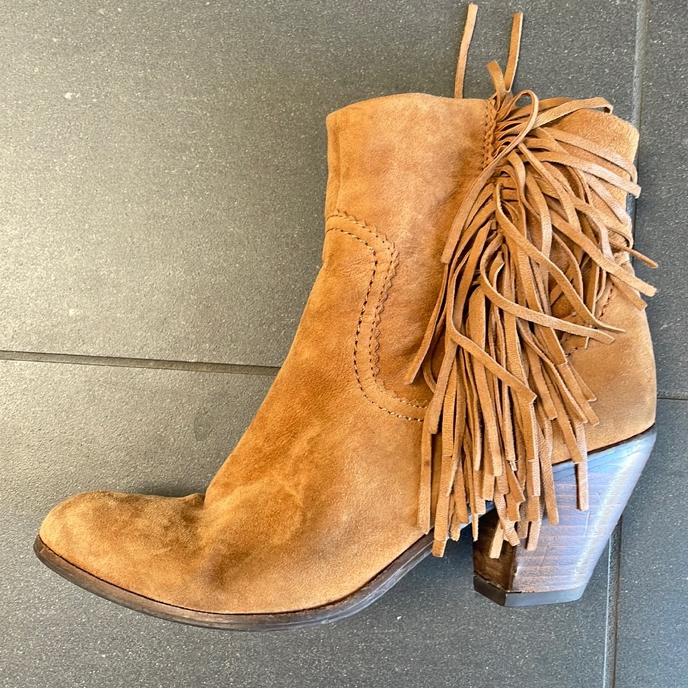 Sam Edelman Louie Folded Cuff Fringe Booties Suede Tan Size 8.5
